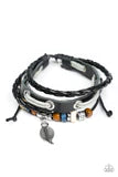 PAPARAZZI "EVER EVERGREEN" BLACK LEATHER CORD SILVER LEAF CHARM URBAN BRACELET