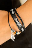 PAPARAZZI "EVER EVERGREEN" BLACK LEATHER CORD SILVER LEAF CHARM URBAN BRACELET