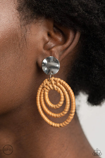 PAPARAZZI "WHIMSICALLY WICKER" BROWN CLIP ON EARRINGS