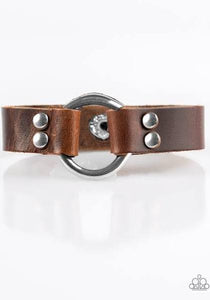 PAPARAZZI "URBAN OUTLAW" BROWN LEATHER SILVER HOOP URBAN WRAP BRACELET