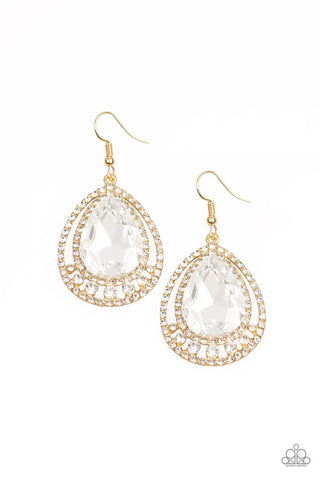 All Rise For Her Majesty - Gold - White Teardrop Gem - Paparazzi Earring