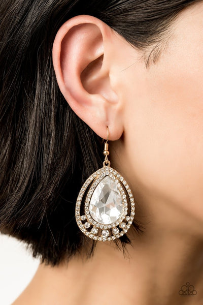 All Rise For Her Majesty - Gold - White Teardrop Gem - Paparazzi Earring